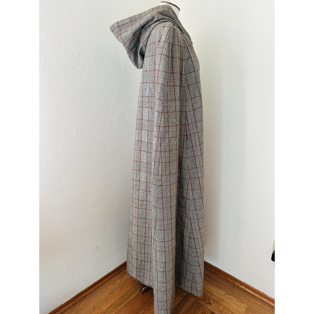 Vintage Hooded Maxi Cape Cloak Glen Plaid Wool Feel Full Length Lined Arm Slits - Picture 3 of 9